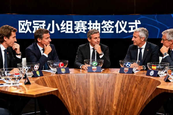 欧冠小组赛抽签仪式现场照片，各队代表坐在圆桌旁等待抽签结果揭晓